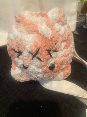 Hand crafted knitted Plush Pink  & White cat plush 9x5” new